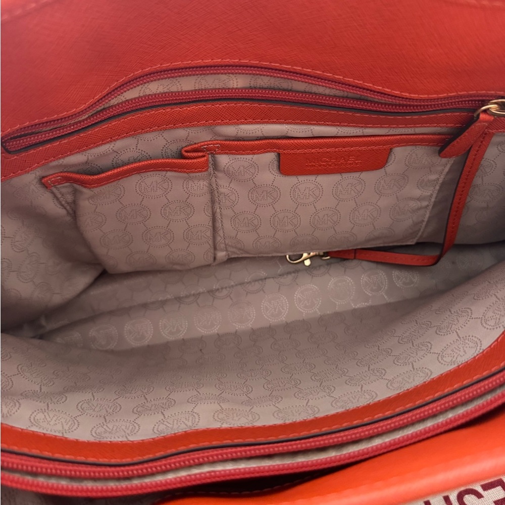 Michael Kors Orange Textured Tote Bag Gold Logo Charm Designer Shoulder - Picture 15 of 16